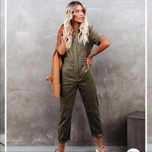 Vici Chico Corduroy Utility Jumpsuit Boilersuit w/ Pockets Army Green Coveralls